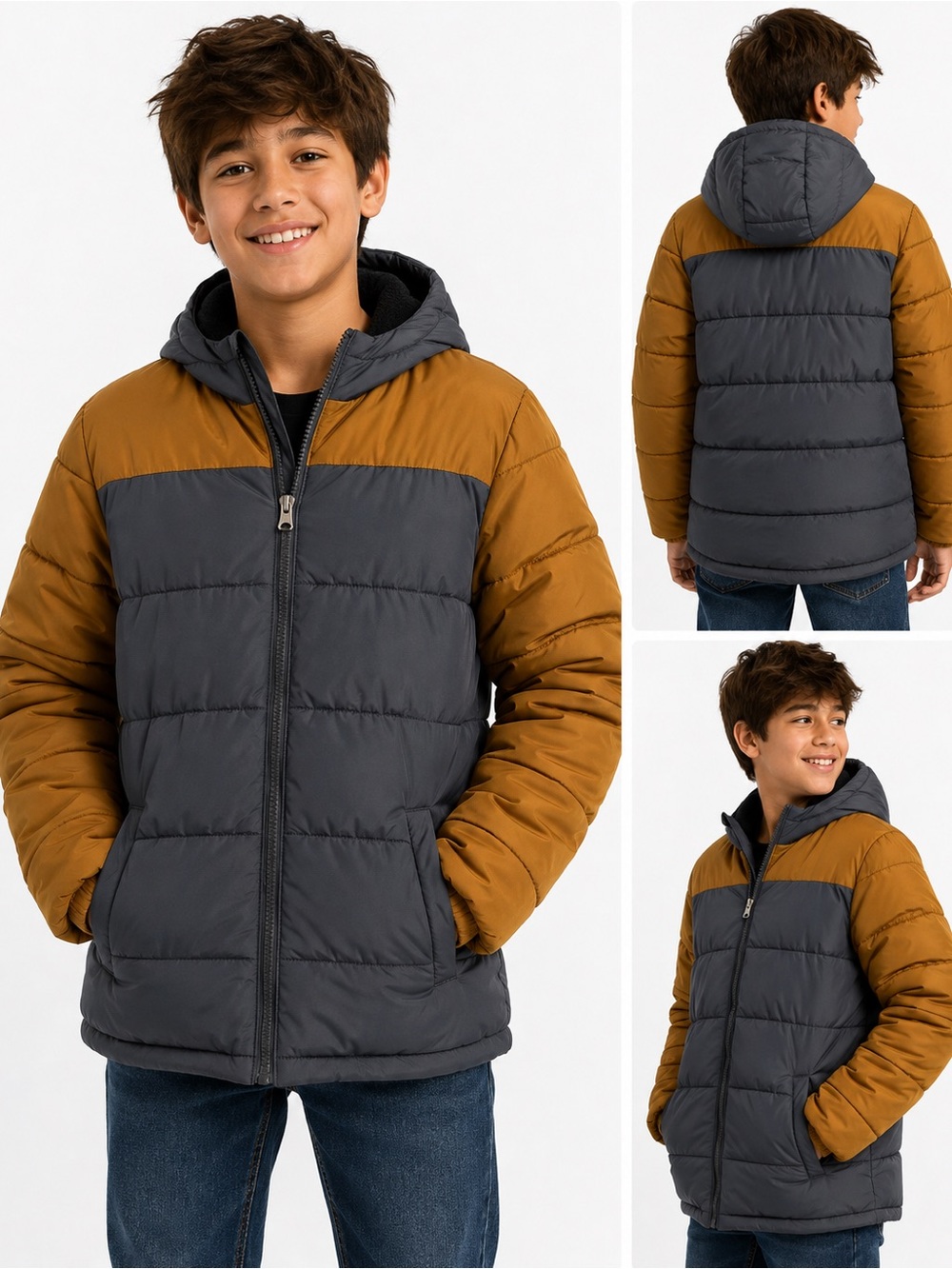 Swiss Tech Youth L Two-Tone Hooded Puffer Jacket - Charcoal & Brown winter coat